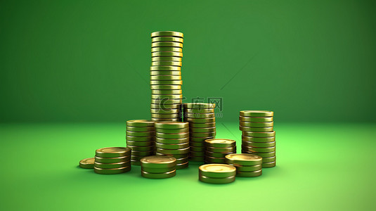 带有硬币堆和绿色向上箭头的浅绿色背景的 3D 渲染插图