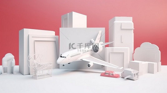 带有飞机的银行卡以 3D 呈现，描绘了假期旅游套餐的销售