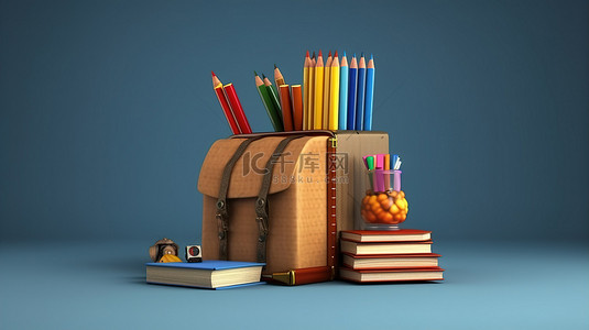 回学校背景图片_3D 渲染回学校配件和剪切路径背景上的书籍
