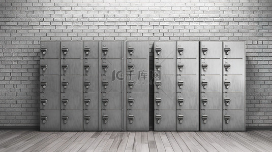 灰色砖墙背景图片_带灰色金属储物柜的砖墙的 3D 渲染