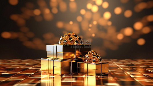 节日圣诞节背景下金色玻璃和礼物的 3D 渲染