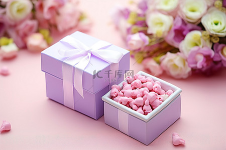 鲜花紫色背景图片_装有软心豆粒糖和鲜花的礼品盒