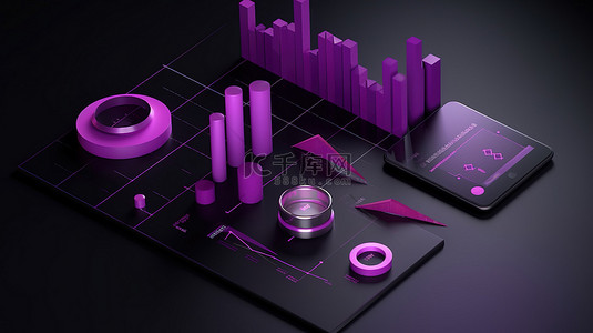 紫色主题营销图表分析的简约 3D 渲染图标，带有 3D 模型数字渲染图像