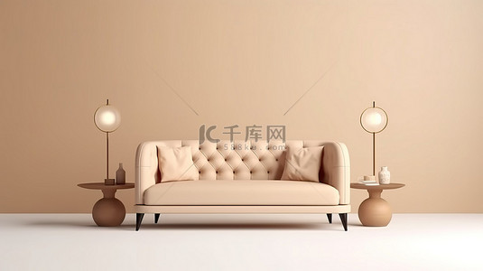 正面米色沙发沙发家具的 3D 渲染