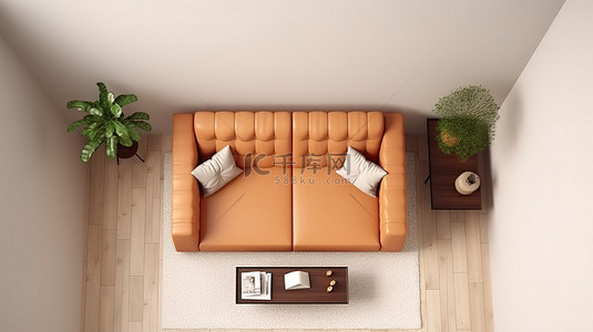 顶视图 3D 渲染一个小型简约客厅，配有木地板干净的背景和舒适的沙发