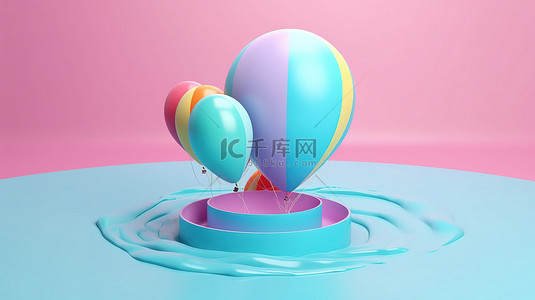 充满活力的气球在 3D 中翱翔，在带有白色圆形画布的柔和蓝色背景上方渲染