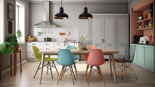 复古的斯堪的纳维亚厨房，拥有令人惊叹的用餐空间和色彩缤纷的 3D 渲染椅子