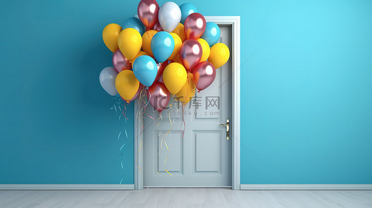 充满活力的气球在运动中从蓝色背景 3D 渲染上封闭的白色门后面偷看