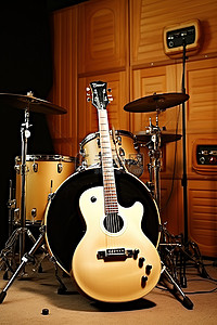 击弦乐器背景图片_录音室里带鼓装置和鼓的吉他
