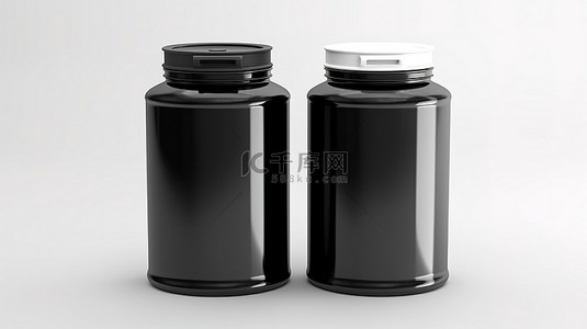 塑料罐透明背景图片_白色和黑色标记的空塑料油罐的 3D 渲染
