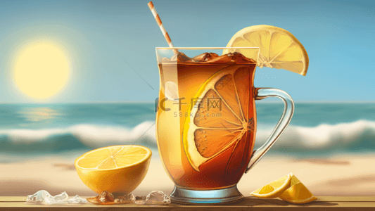 夏日海边清爽冰橙汁背景