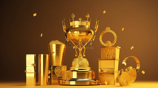 板球主题 3d 老虎机，带有获胜符号美元硬币金色奖杯杯冠和充足的复制空间