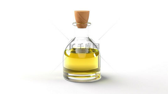 白色背景上装有橄榄油和软木塞的小型玻璃醒酒器的 3D 渲染