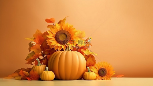 感恩节背景图片_秋季主题背景下的向日葵和南瓜的 3D 渲染