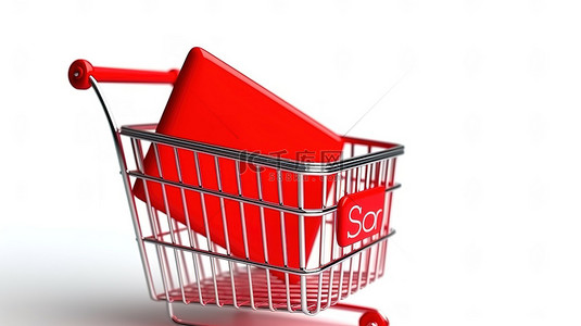 3d 渲染白色背景，带有红杆销售标志和铁丝购物篮