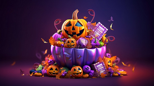紫色背景下的万圣节南瓜篮里溢出了色彩缤纷的糖果和糖果，这是 3D 捕捉的传统十月假期场景