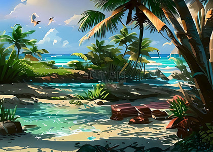 海滩海滨椰树夏季插画
