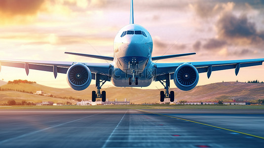 小飞机卡卡背景图片_机场起飞飞机翱翔天空的 3D 渲染和插图