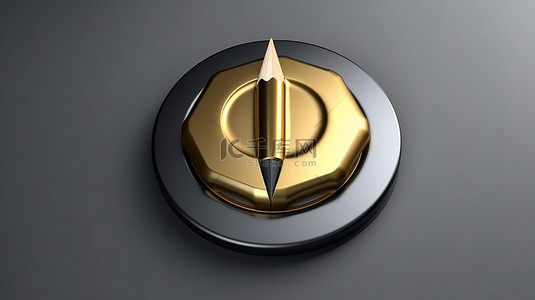 3D渲染ui元素设计中的镀金铅笔符号圆形灰色按键按钮