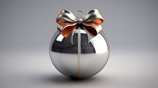 玻璃表面带有银色蝴蝶结的逼真圣诞球的 3D 渲染