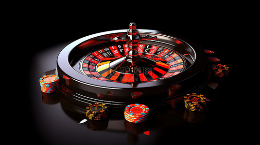 3D 渲染的赌场轮盘赌轮，黑色背景上带有王牌扑克牌芯片和骰子