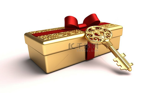 红色礼品盒背景背景图片_白色背景上带有金色发条钥匙的红色礼品盒的 3D 渲染