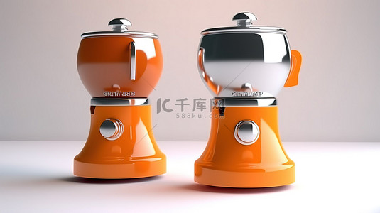 咖啡元素背景图片_白色背景展示 3D 渲染的橙色和白色咖啡研磨机