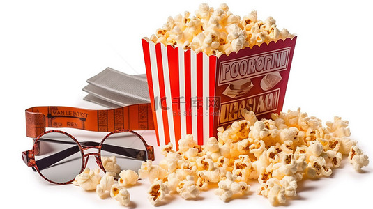 健康件背景图片_空白帆布爆米花盒上的三件电影必需品 3D 眼镜和一张入场券