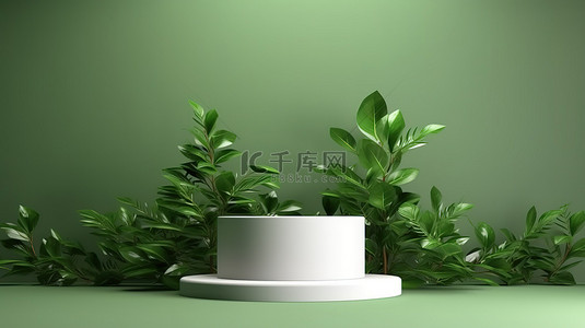 圆柱形基座的 3D 渲染，以绿色植物作为展示品牌产品的圆形底座