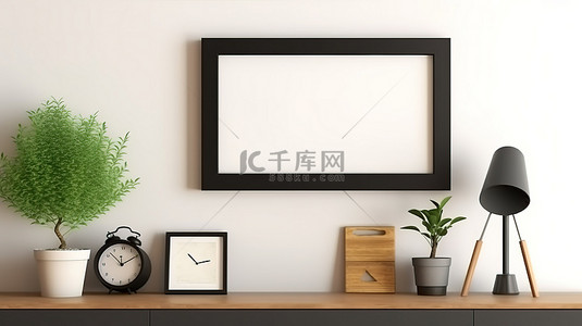 棕色画框背景图片_水平横幅的 3D 插图，带有空白样机模板，带有靠在棕色架子上的黑色相框
