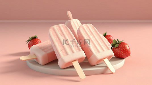 酸奶冰淇淋背景图片_3D 插图艺术呈现草莓冰棒冰淇淋在棍子上