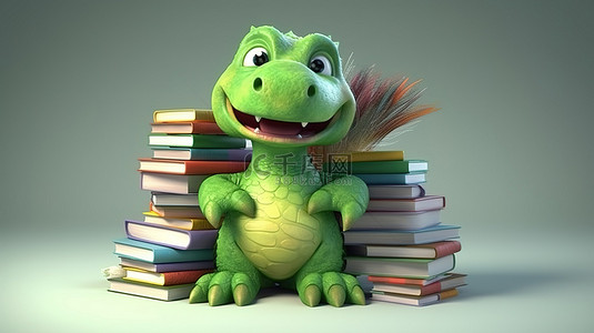 霸王龙可爱背景图片_搞笑的 3D 恐龙人物和一摞书