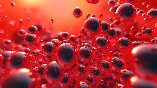 充满活力的红色背景下水下气泡的 3D 渲染