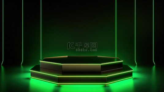 ui展板模板背景图片_豪华设计的霓虹绿3D产品展示台，带有金色蜂窝抽象背景展台模板