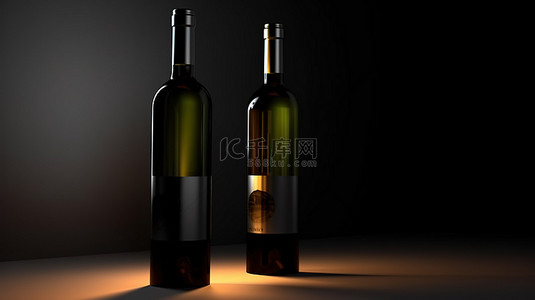 3D 模型具有时尚的深色酒瓶，深色背景上带有空白光泽标签