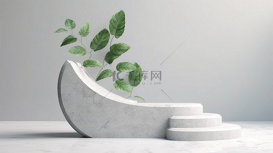 绿叶植物装饰着白色曲线波背景上的 3d 石台，令人惊叹的 3d 渲染