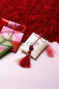 羽毛婚礼背景图片_一个红色和白色的纸信封，上面有鲜红色的流苏，旁边是一根红色的飘动的羽毛