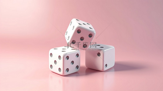 漂浮在粉红色柔和背景上的两个白色骰子的简约 3D 渲染广告概念组合模板