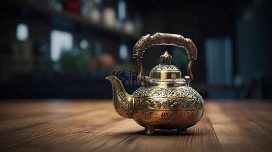 3D 渲染的质朴木桌上展示的古董黄铜和铜茶壶