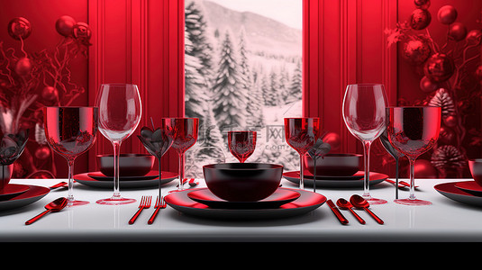 单色红色房间 3D 渲染节日餐桌，配有圣诞盘子和酒杯