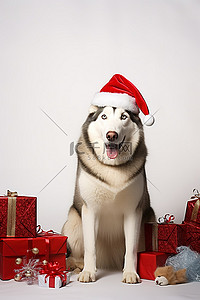 狗坐着背景图片_戴着圣诞老人帽子的哈士奇狗坐在圣诞老人礼物前