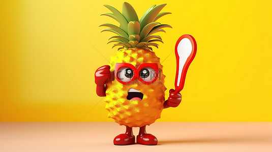 水果卡通菠萝背景图片_3D 渲染的卡通时尚时髦菠萝吉祥物，黄色背景上有红色问号