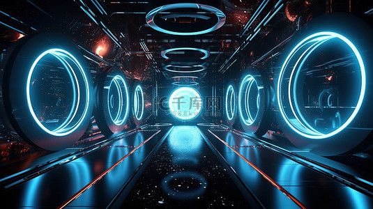 星空科幻走廊 3D 渲染的未来派景观，金属地板上有霓虹灯圆圈