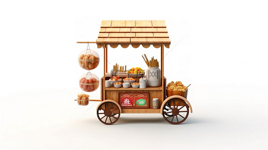 大香肠背景图片_亚洲风格的肉丸面车的 3D 渲染，带有木质细节和白色背景的椅子