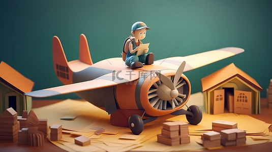 沉浸式 3D 插图，其中一个孩子在一本儿童读物的背景下驾驶纸板飞机