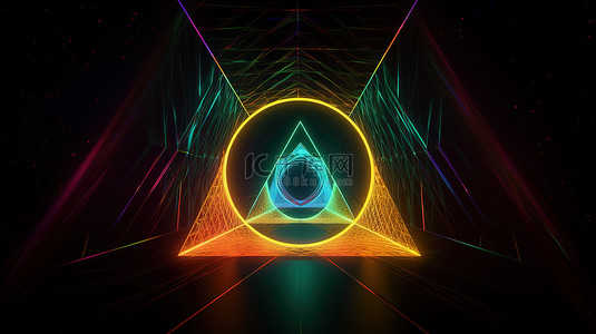 欧式圆孔背景图片_彩色霓虹灯三角形线照亮了带有圆孔的黑暗隧道内的抽象 3D 插图