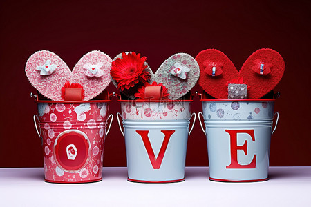 四个红色水桶，上面写着“爱”字