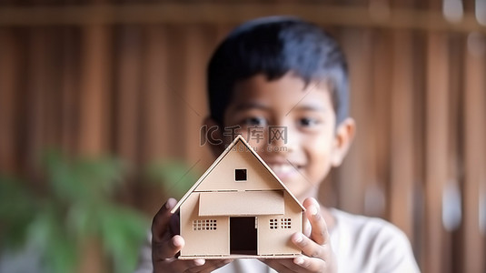 印度小孩子展示代表创造力和财产所有权的 3D 房屋纸模型