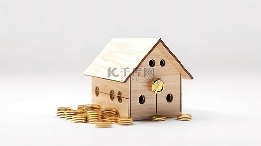 白色背景上的木制玩具屋和金币的 3D 渲染，用于房地产内容