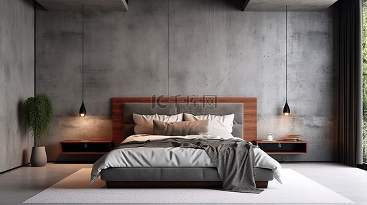 优雅的家居装饰现代灰色床和豪华配饰，位于混凝土墙背景的明亮卧室中